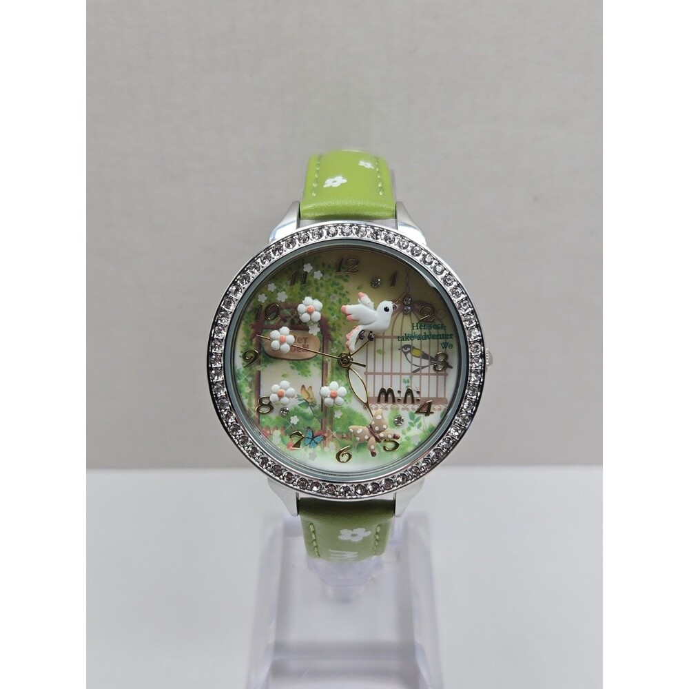 Mini Watch Womens 3D Garden Bird Flower Crystal Bezel Leather Quartz New Battery